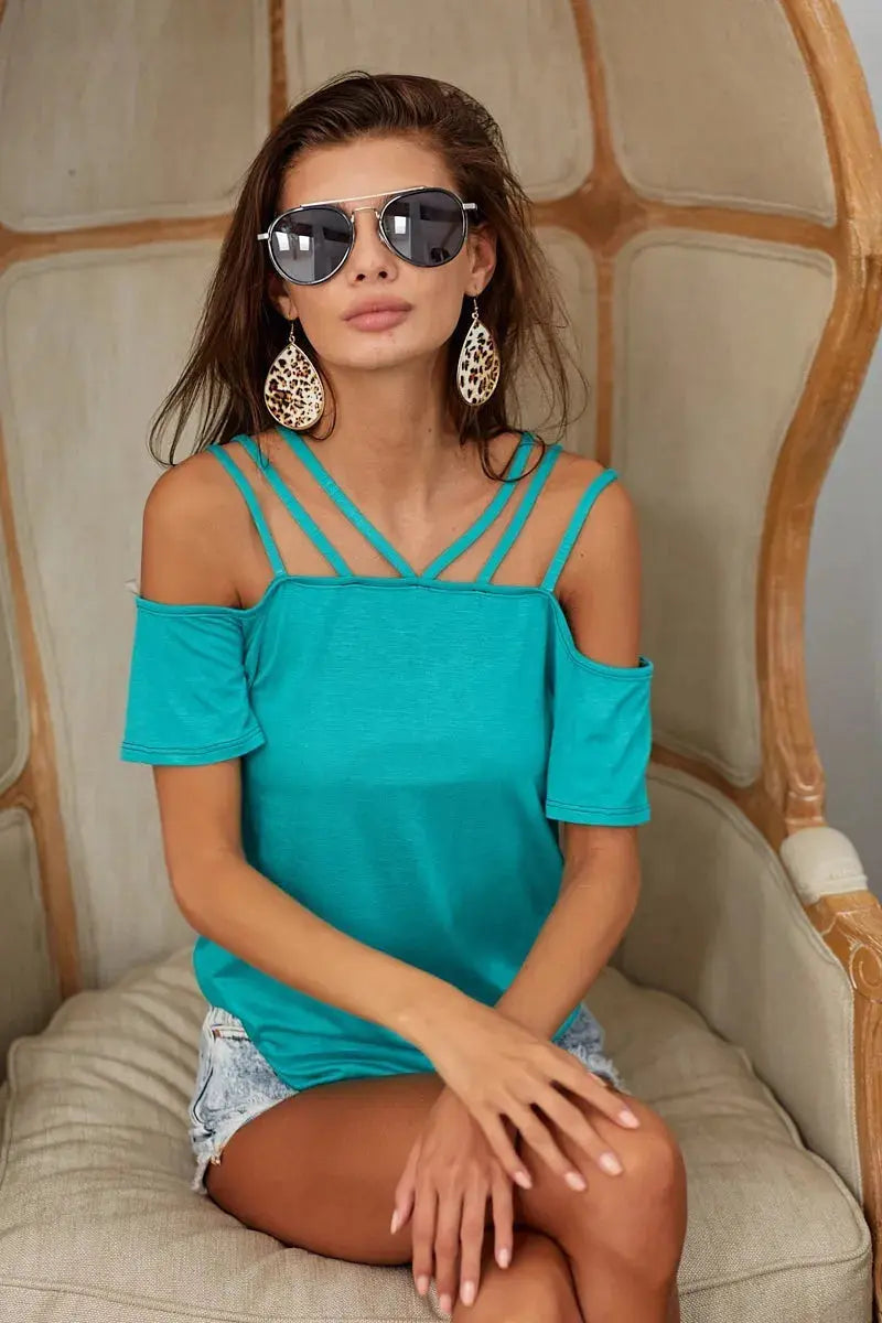 BiBi Rayon Span Jersey Lace Up Shoulder Detailed Top - Love Salve